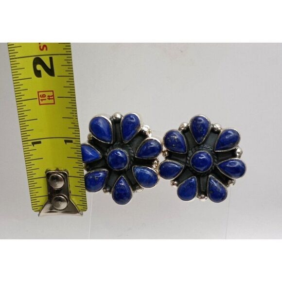 Southwest Native Style Sterling Silver Lapis Lazuli Cluster Flower Earrings Stud - Picture 2 of 4